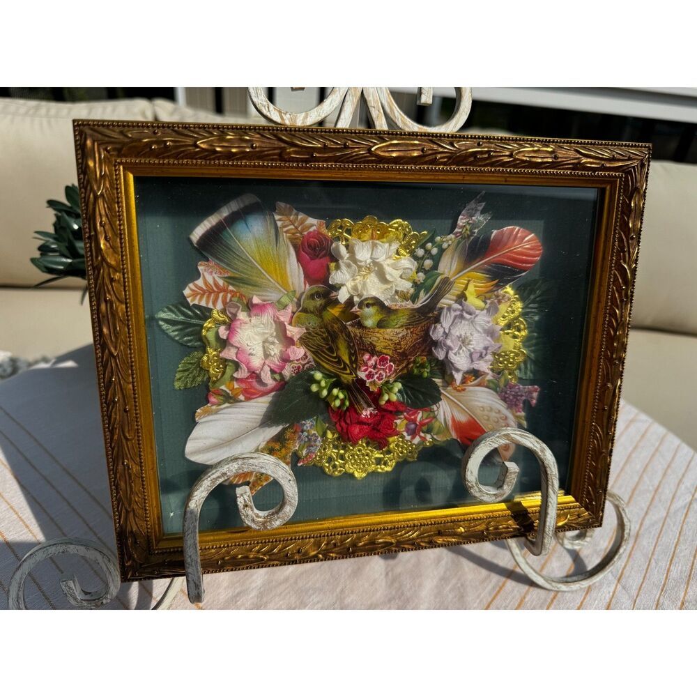 Gorgeous framed Valentine flowers birds, shadow box frame 2006 must see